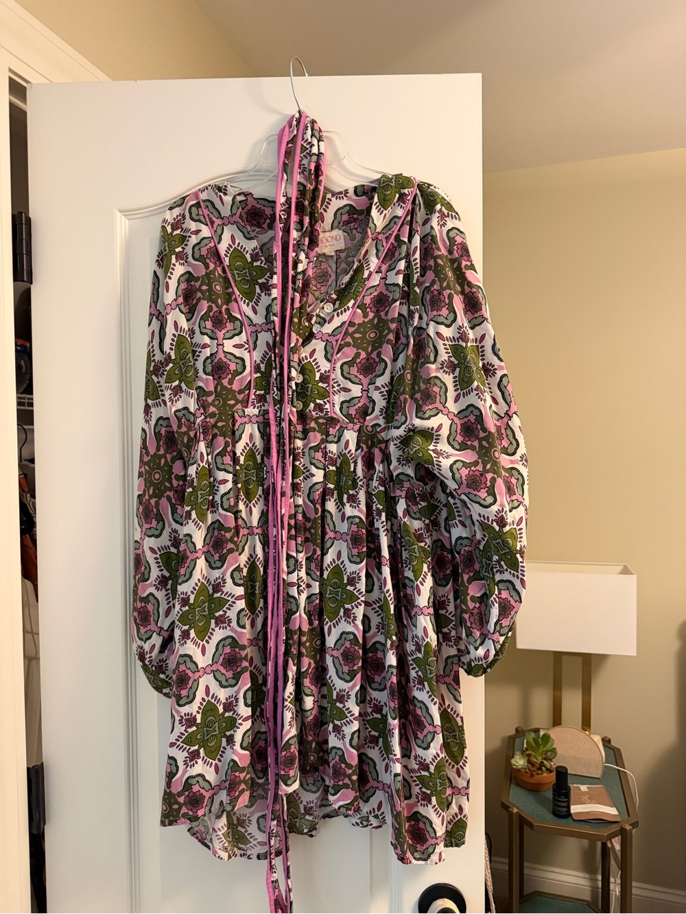 Floral Pink & Olive Mini Dress with Tie Detail